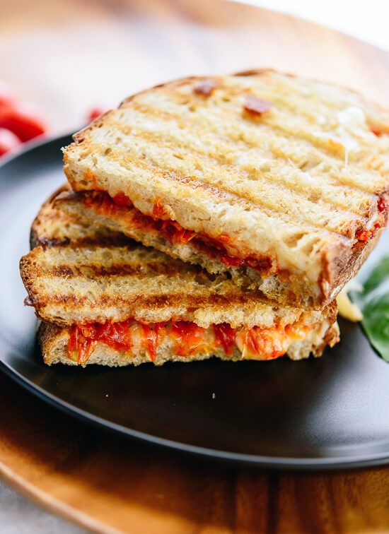 Tomato jam panini with mozzarella and basil! cookieandkate.com