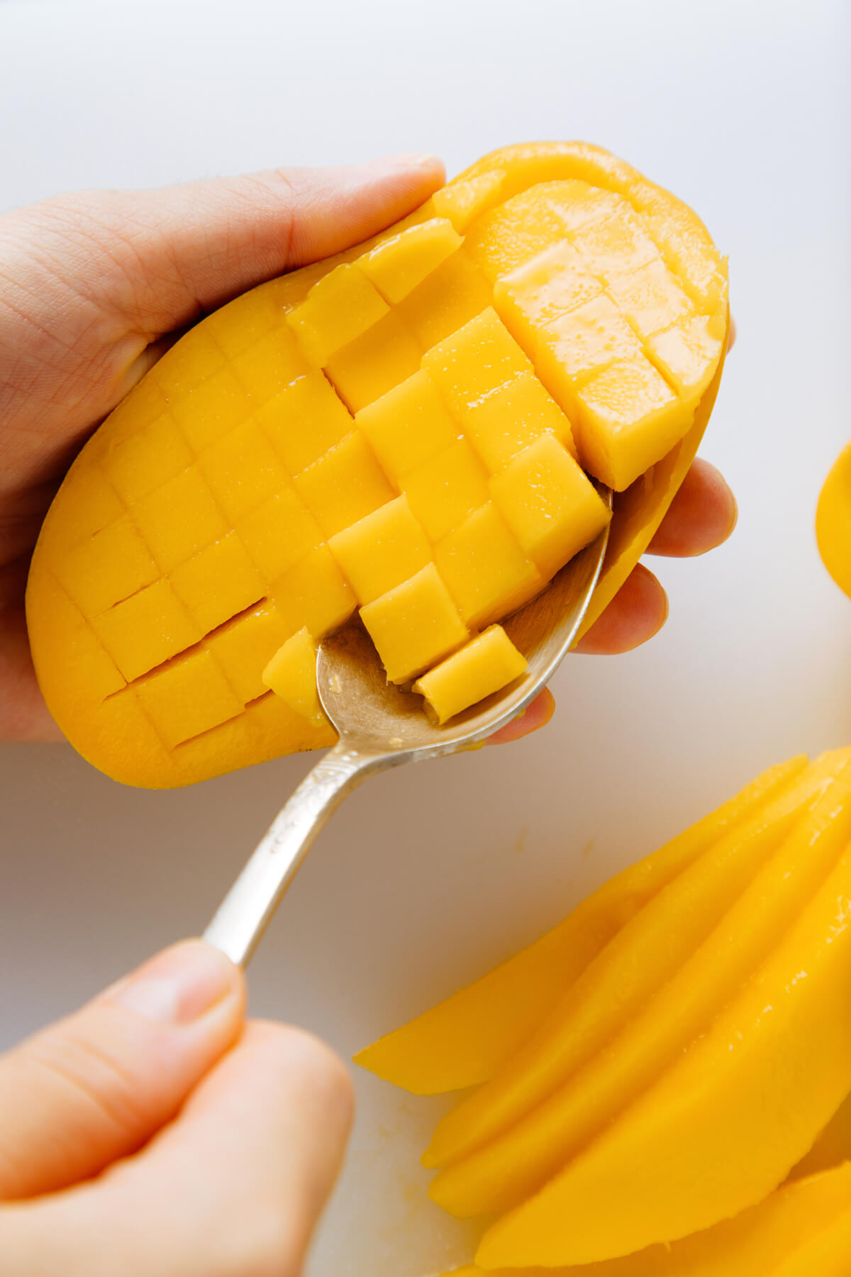 how to scoop out diced mango